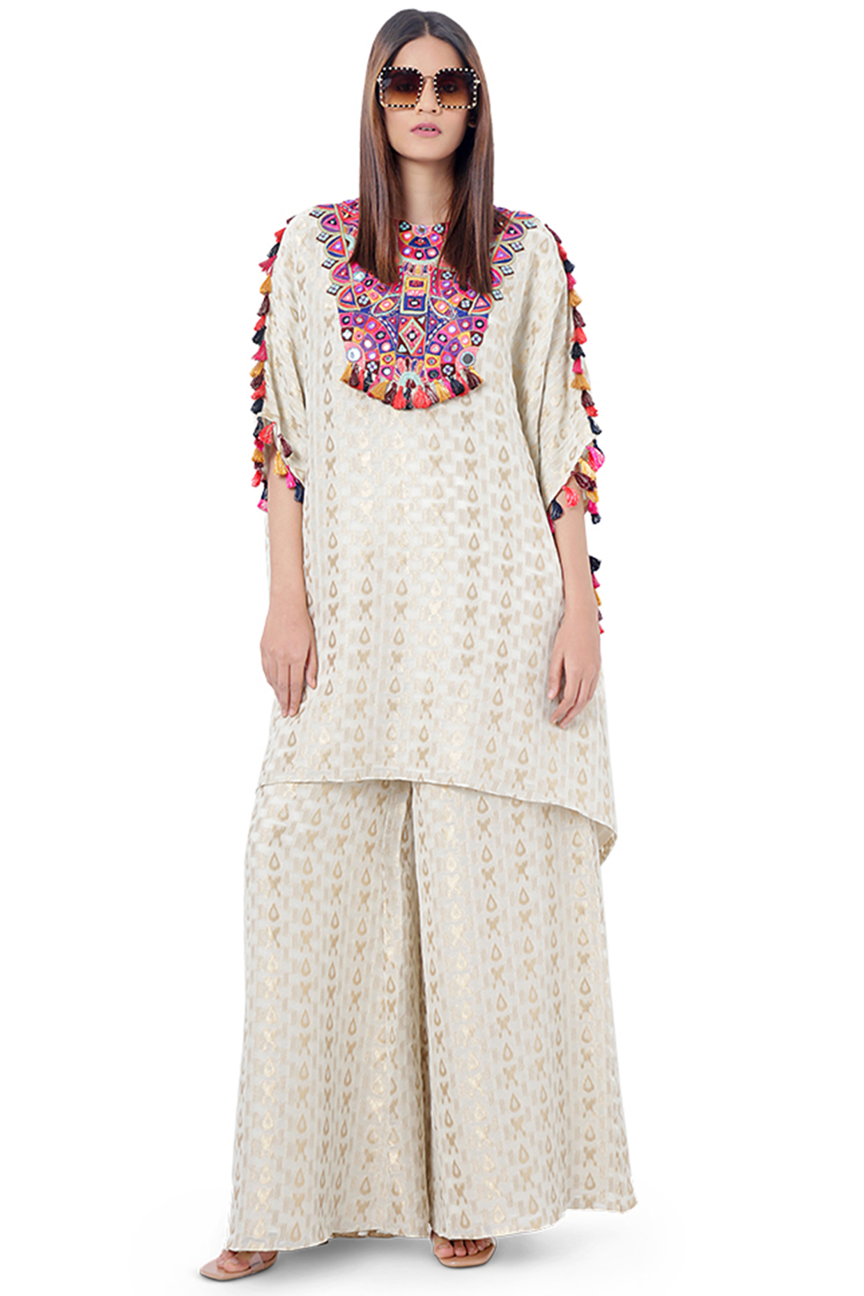 Chalk White Embroidered Kaftan With Pants by Payal Singhal at Pernia's Pop Up Shop