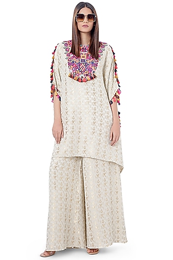 Chalk White Embroidered Kaftan With Pants by Payal Singhal at Pernia's Pop Up Shop