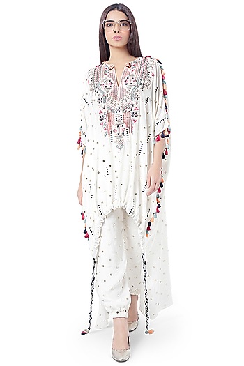 White Embroidered Kaftan With Pants by Payal Singhal at Pernia's Pop Up Shop