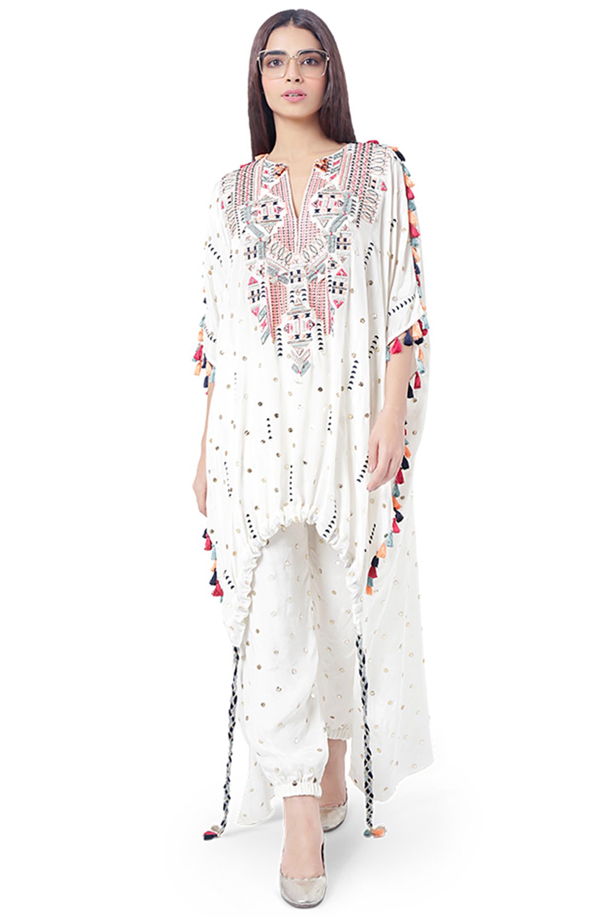 White Embroidered Kaftan With Pants by Payal Singhal at Pernia's Pop Up Shop