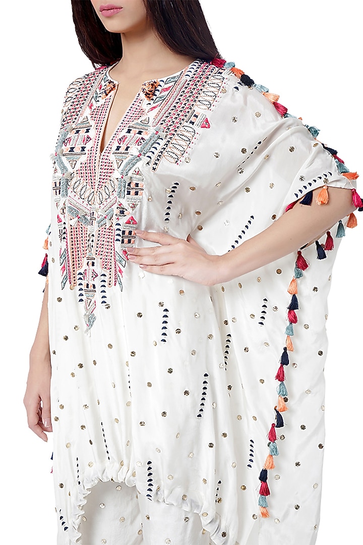 White Embroidered Kaftan With Pants by Payal Singhal at Pernia's Pop Up Shop