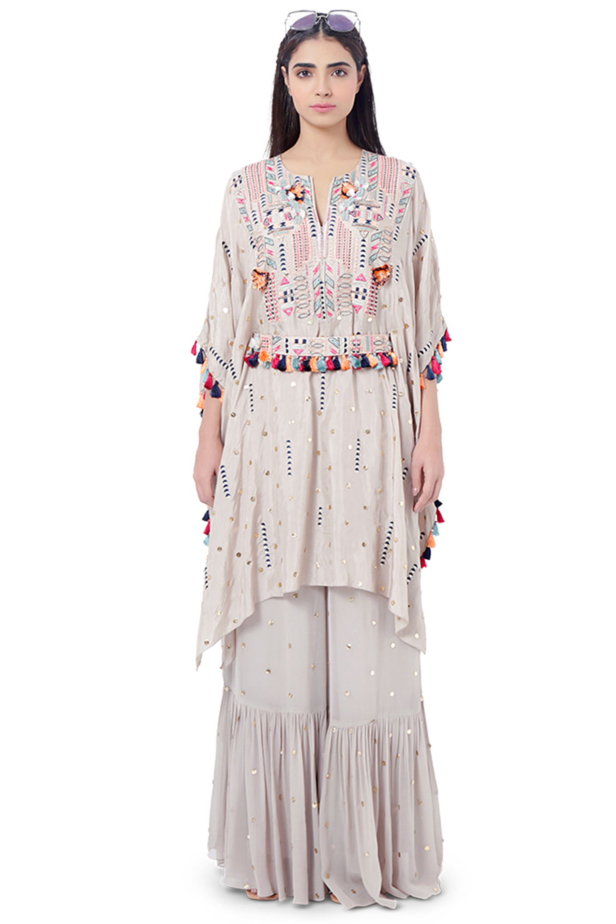 Grey Embroidered Kaftan With Pants by Payal Singhal