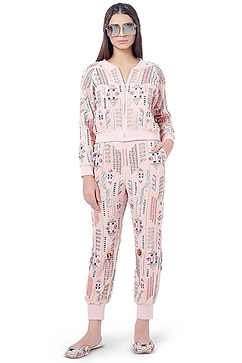 Rose Pink Embroidered Jacket Set by Payal Singhal at Pernia's Pop Up Shop