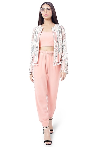 White & Coral Embroidered Jacket Set by Payal Singhal