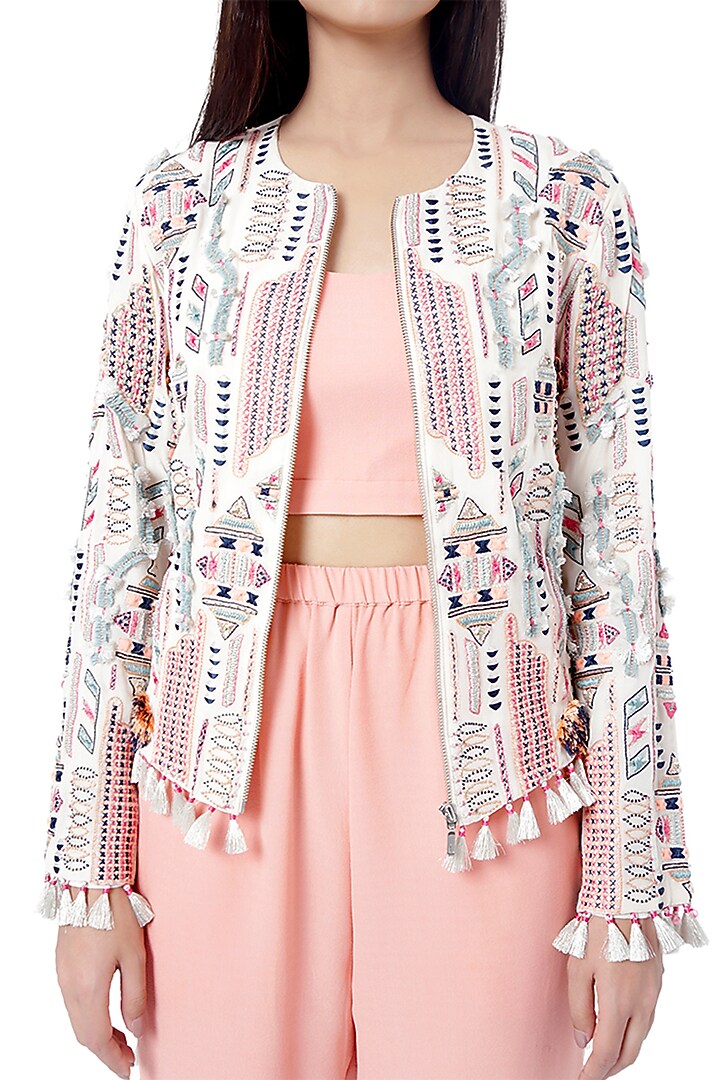 White & Coral Embroidered Jacket Set by Payal Singhal at Pernia's Pop Up Shop