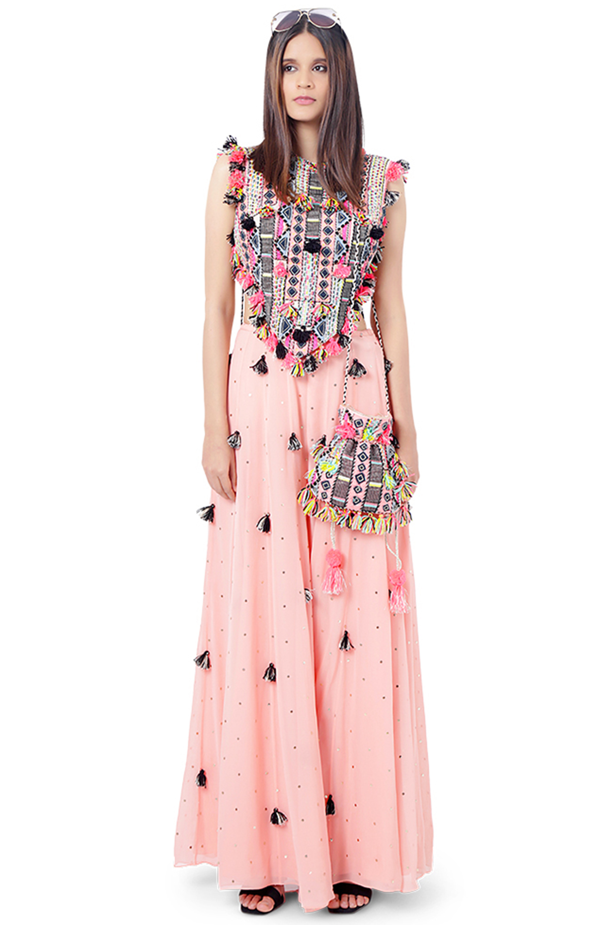 Coral Embroidered Wedding Sharara Set by Payal Singhal at Pernia's Pop Up Shop