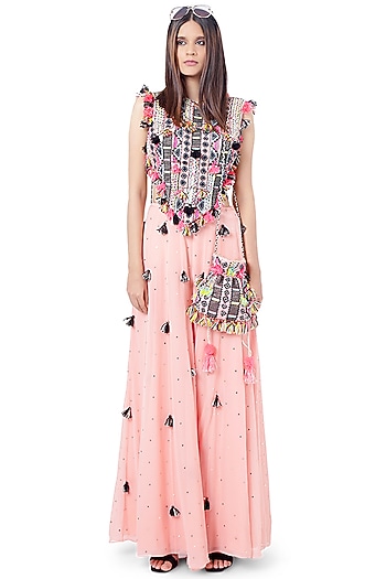 Coral Embroidered Wedding Sharara Set by Payal Singhal at Pernia's Pop Up Shop