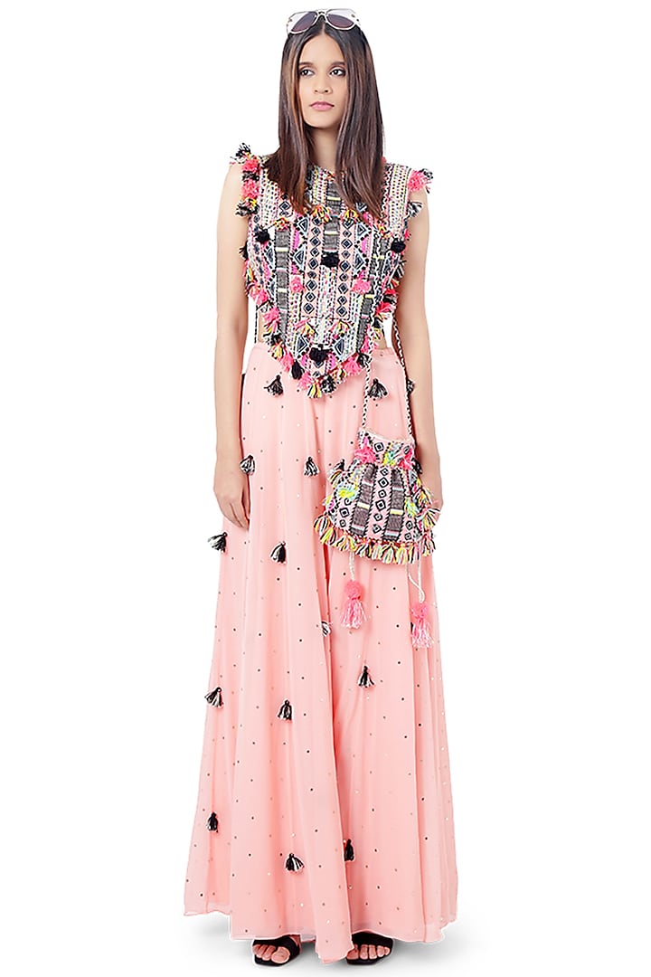Coral Embroidered Wedding Sharara Set by Payal Singhal at Pernia's Pop Up Shop