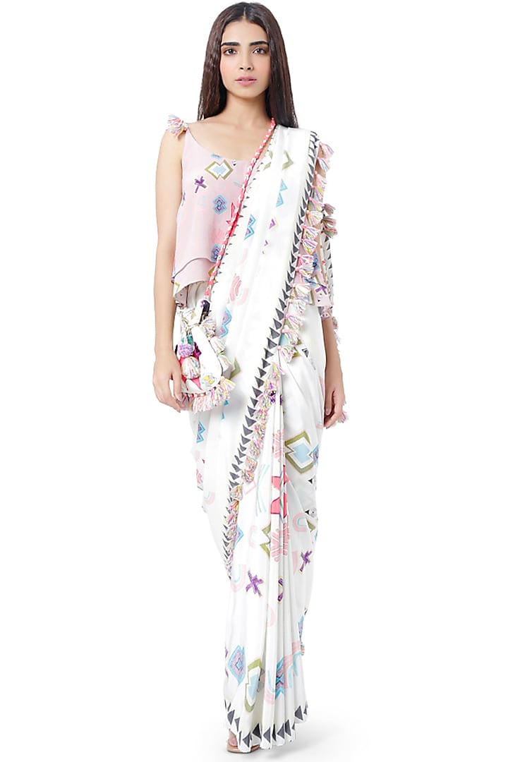 White & Pink Embroidered Saree Set by Payal Singhal at Pernia's Pop Up Shop