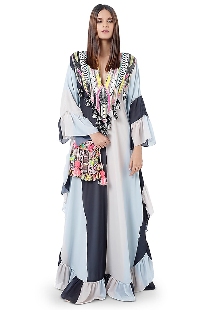 Pale Blue & White Embroidered Kaftan by Payal Singhal