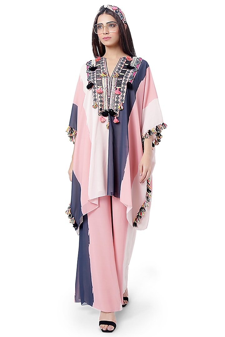 Coral & White Embroidered Kaftan With Pants by PS Pret by Payal Singhal