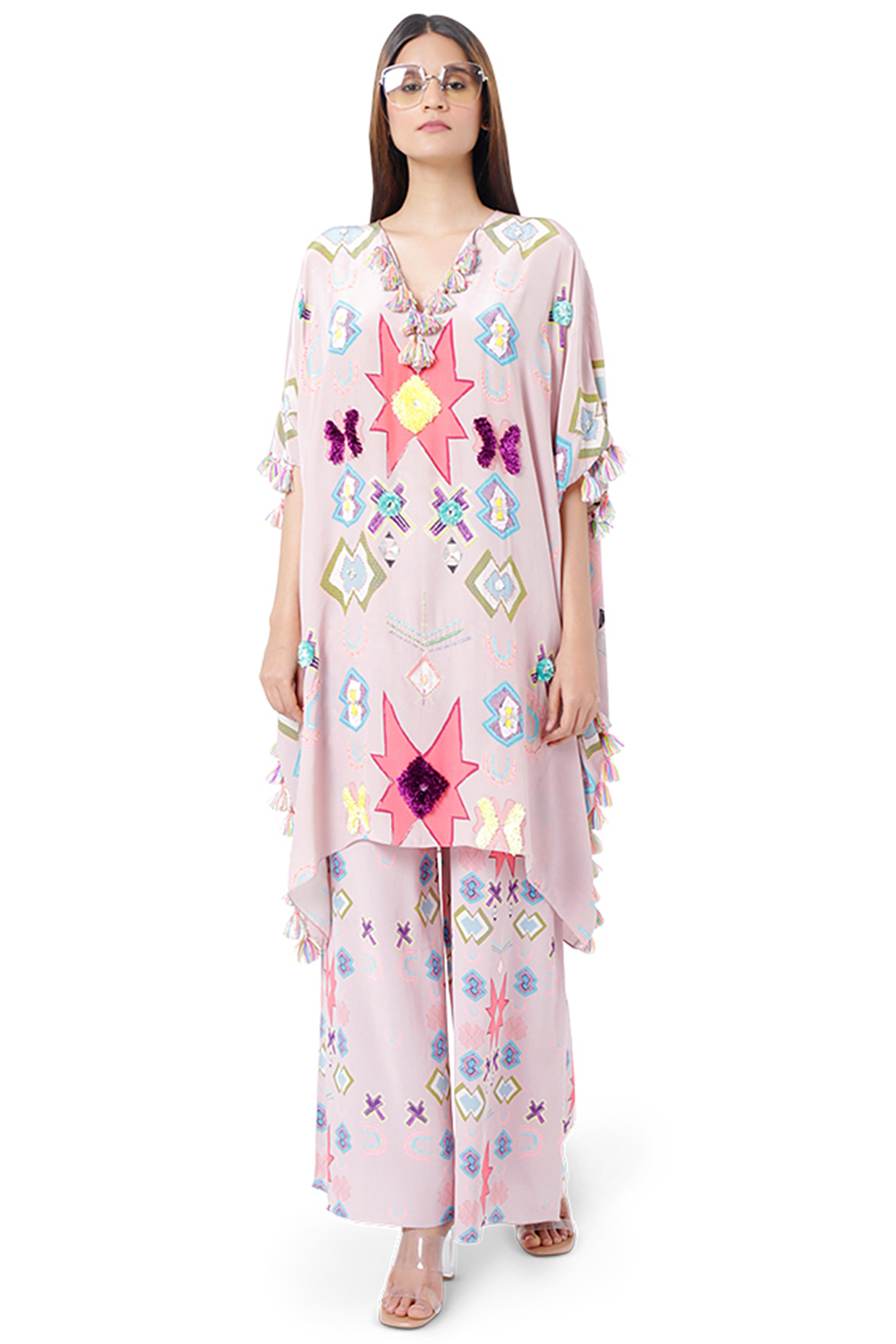 Pink Embroidered Kaftan With Pants by Payal Singhal at Pernia's Pop Up Shop