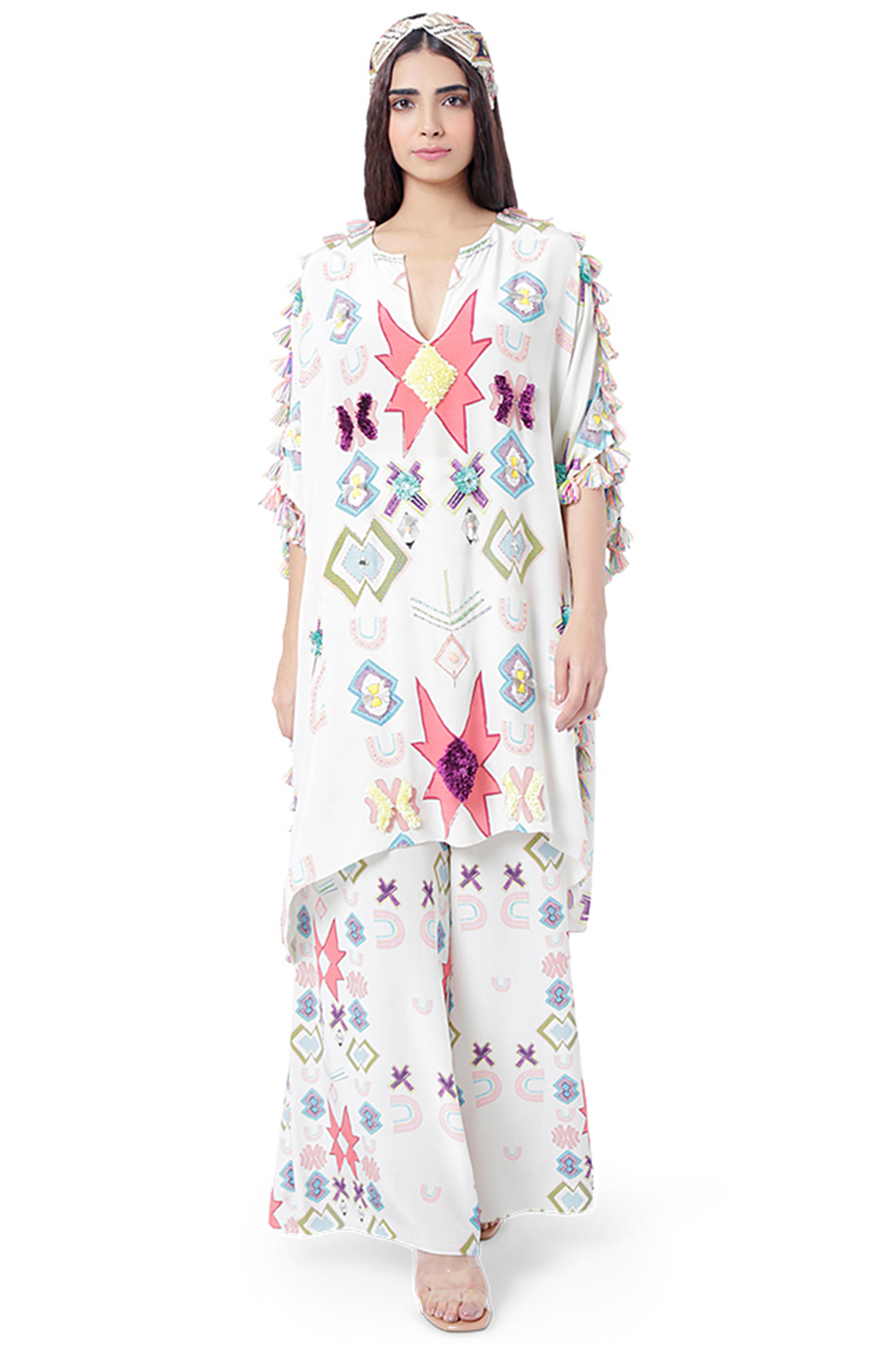 White Ikat Printed Kaftan With Pants by Payal Singhal at Pernia's Pop Up Shop