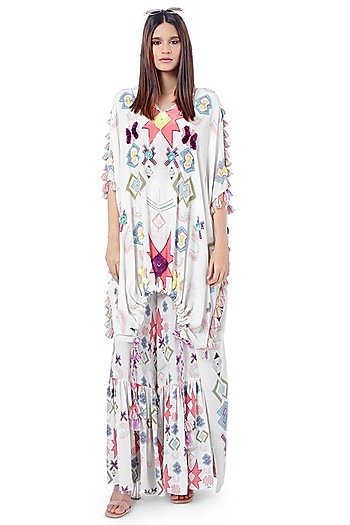 White Embroidered Printed Kaftan With Pants by Payal Singhal at Pernia's Pop Up Shop