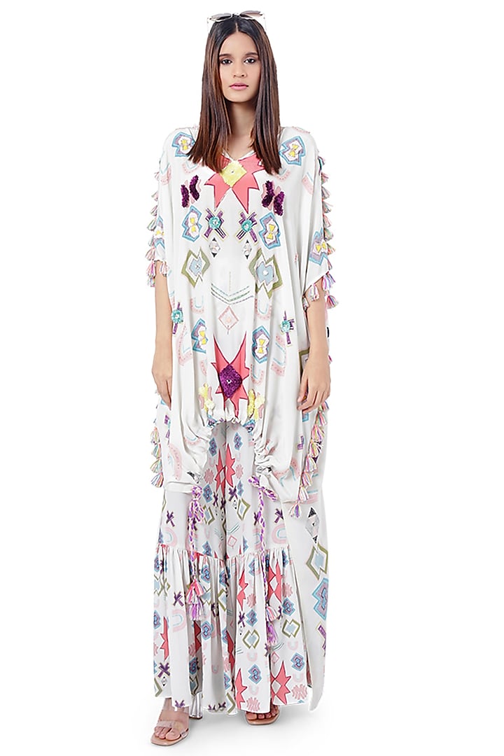 White Embroidered Printed Kaftan With Pants by Payal Singhal
