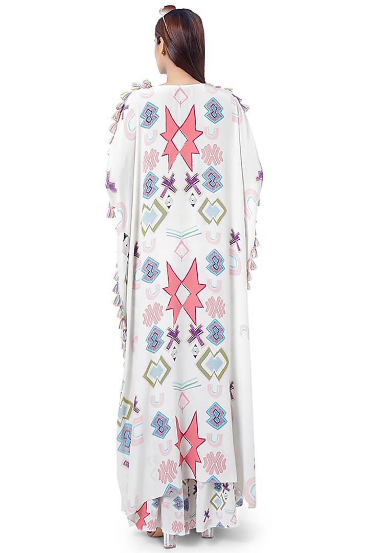 White Embroidered Printed Kaftan With Pants by Payal Singhal at Pernia's Pop Up Shop