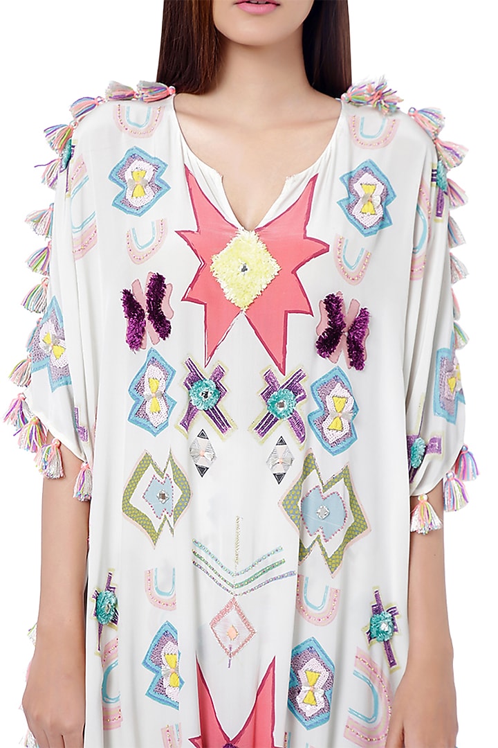 White Embroidered Printed Kaftan With Pants by Payal Singhal at Pernia's Pop Up Shop
