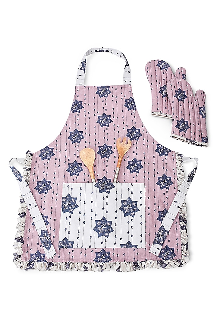 Grey & Purple Printed Apron With Oven Mittens by Payal Singhal