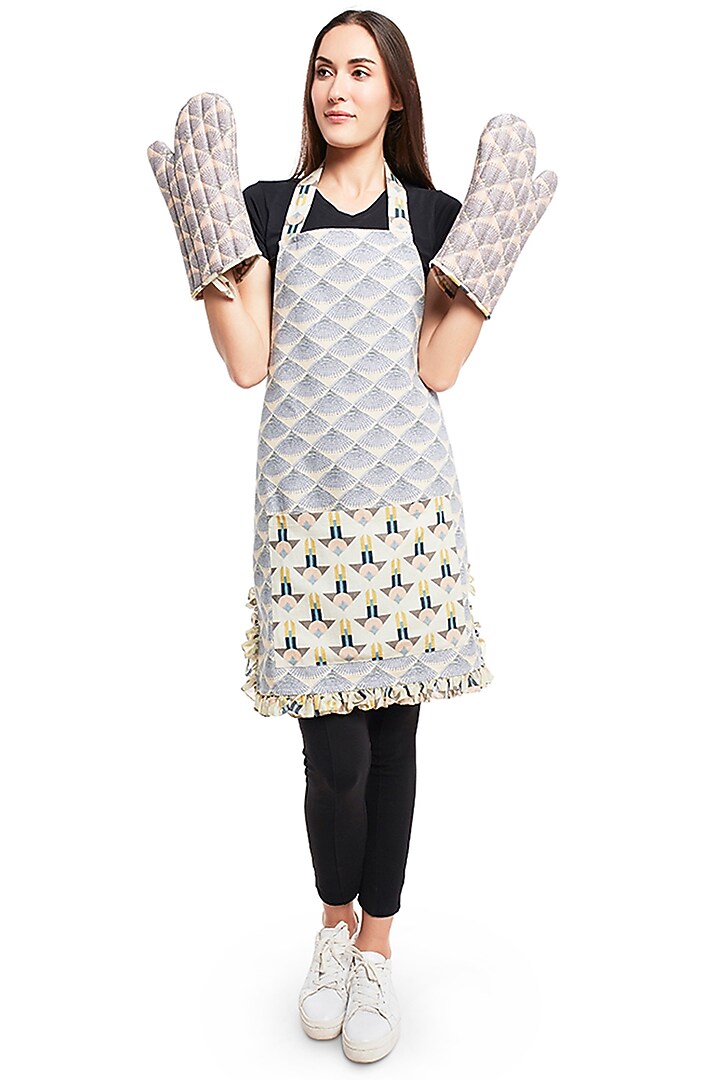 Cream & Purple Printed Apron With Pouch by Payal Singhal at Pernia's Pop Up Shop