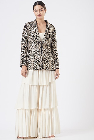 Black & Off-White Embroidered Jacket Set by Payal Singhal