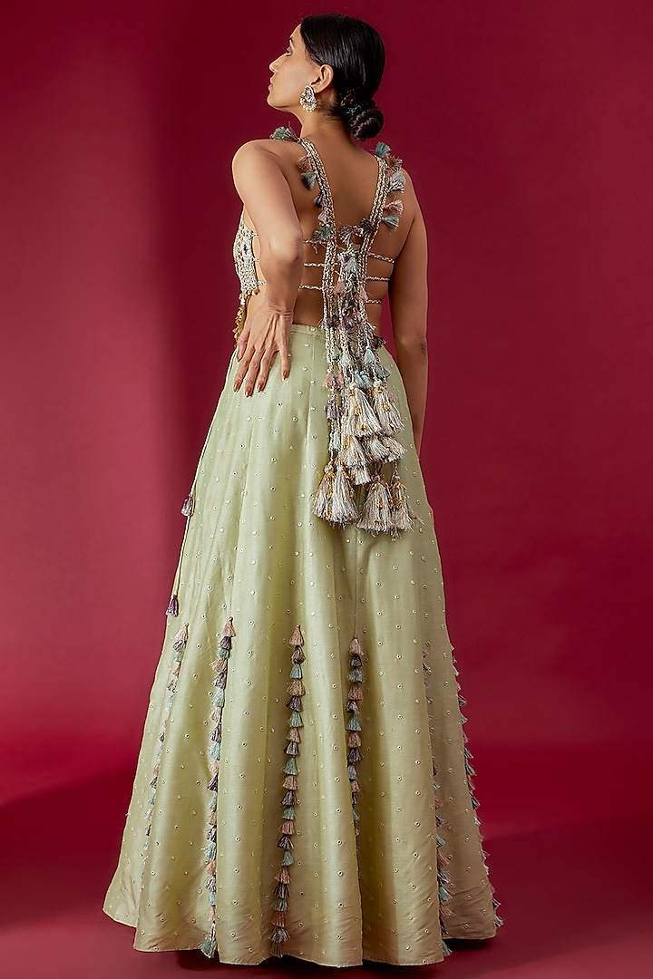 Olive Green Mukaish Dot Georgette Tasseled Wedding Sharara Set by Payal Singhal at Pernia's Pop Up Shop