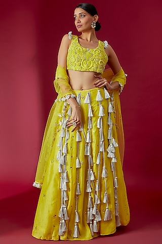 Dull Lime Georgette Embroidered Lehenga Set by Payal Singhal