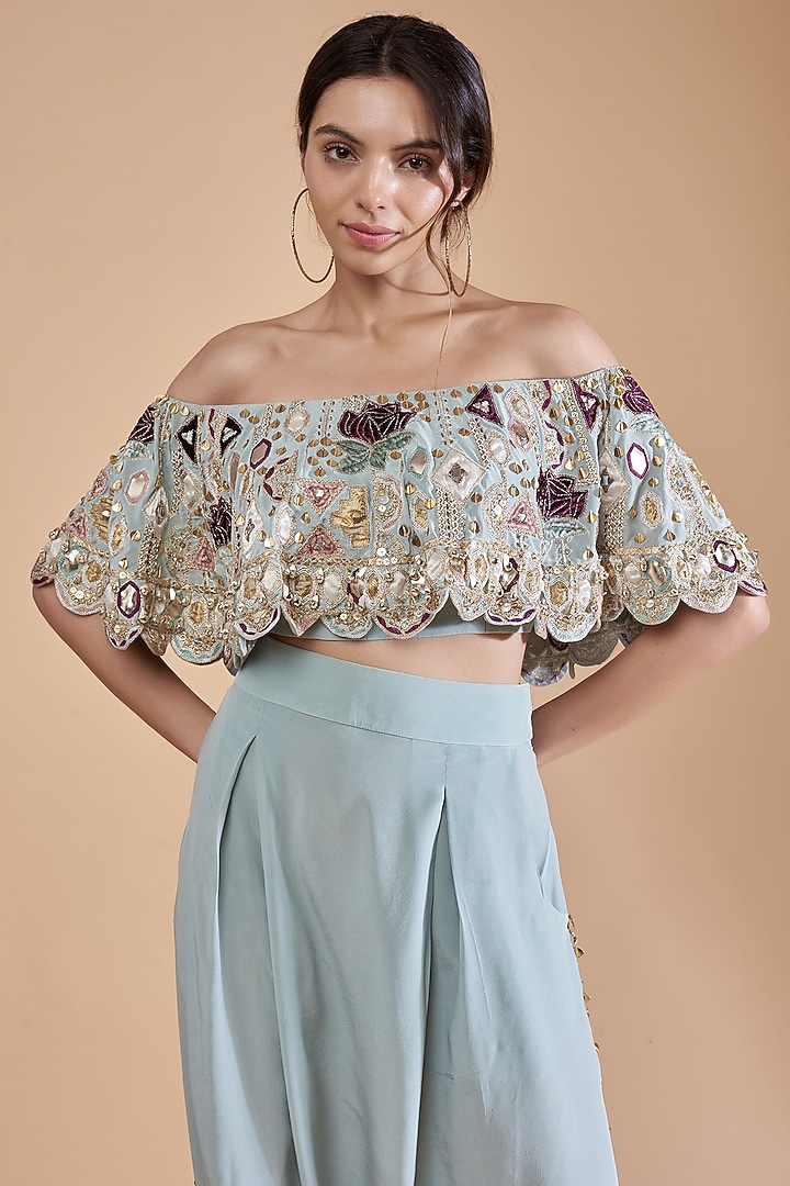 Powder Blue Crepe Low-Crotch Pant Set by Payal Singhal at Pernia's Pop Up Shop