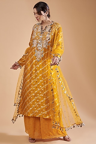 Mustard Leheriya Silk Hand Embroidered Kurta Set by Payal Singhal