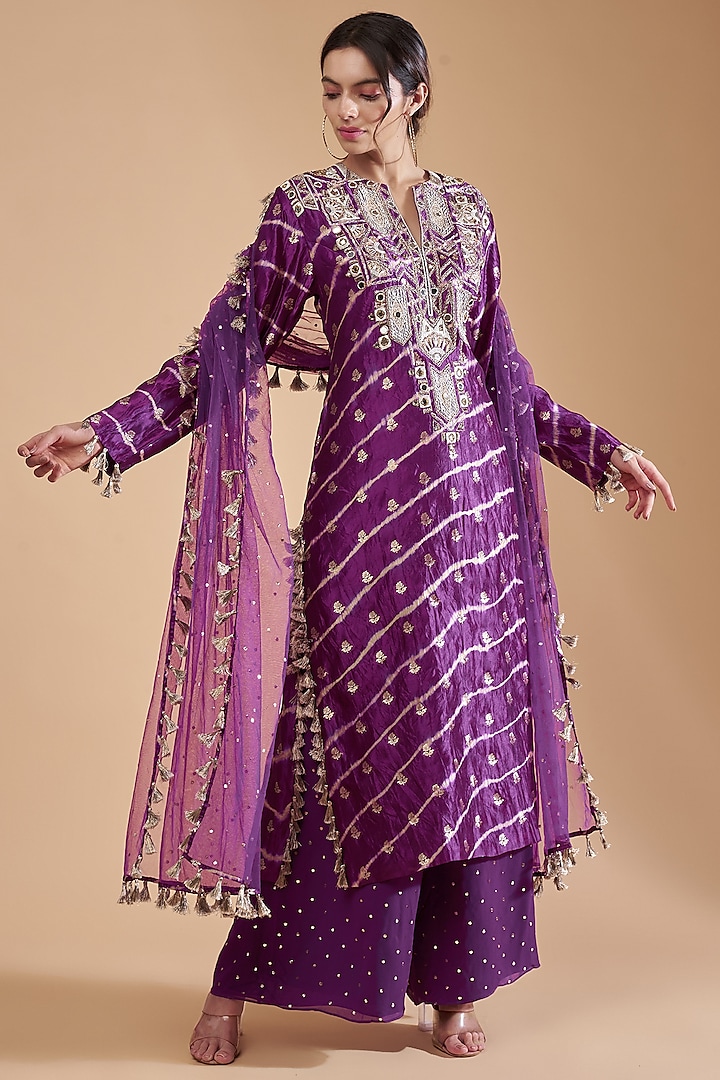 Purple Leheriya Silk Hand Embroidered Kurta Set by Payal Singhal
