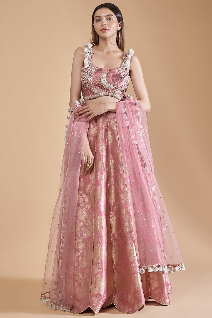 Rose Pink Brocade Silk Lehenga Set by Payal Singhal