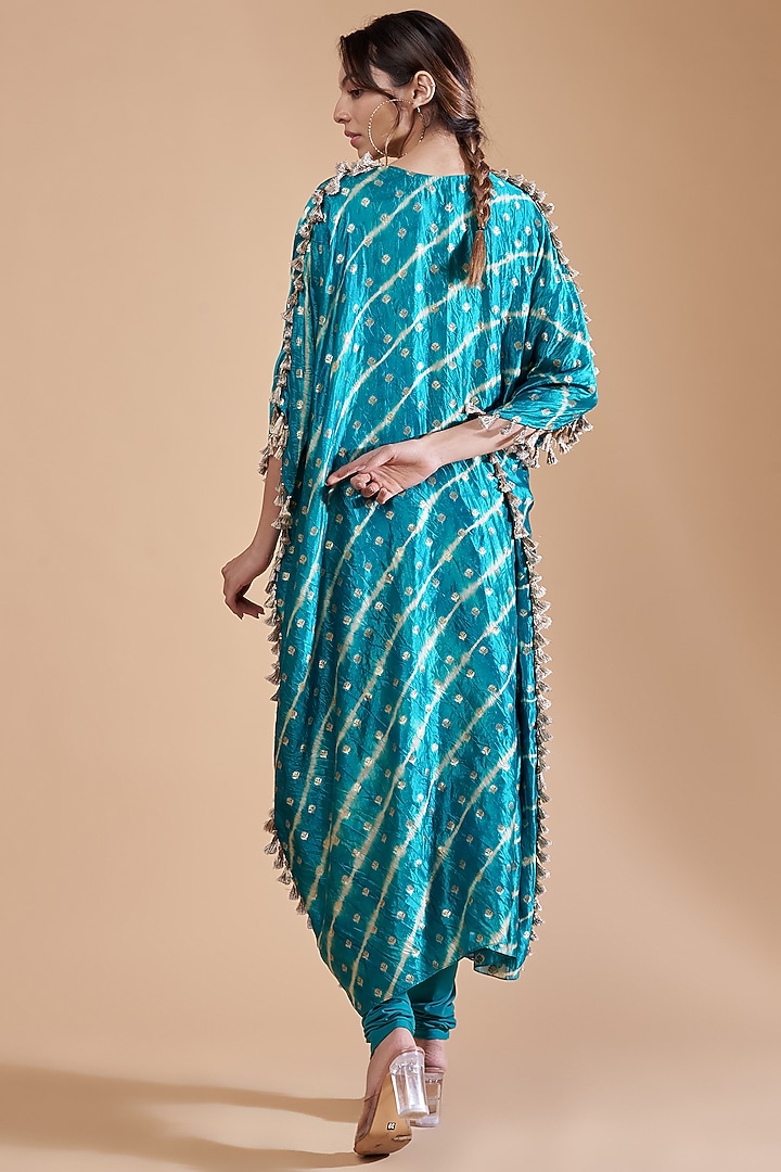 Teal Leheriya Silk Hand Embroidered Kaftan Set by Payal Singhal at Pernia's Pop Up Shop