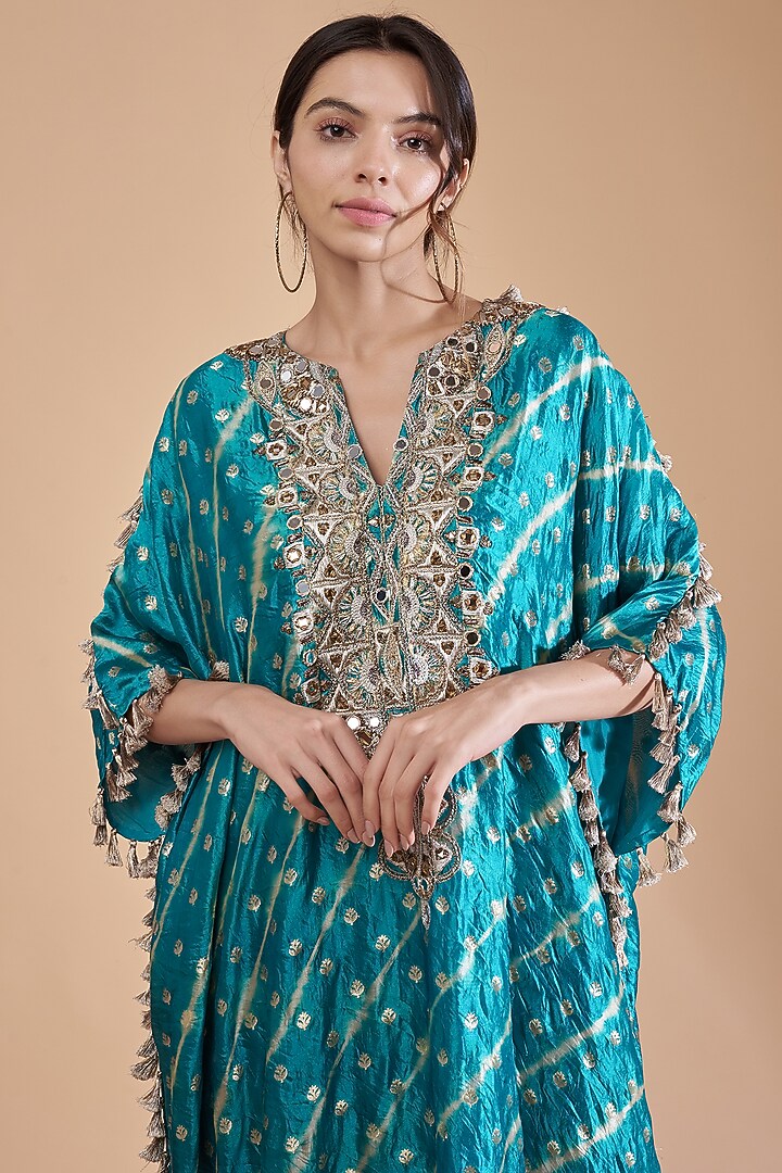 Teal Leheriya Silk Hand Embroidered Kaftan Set by Payal Singhal at Pernia's Pop Up Shop