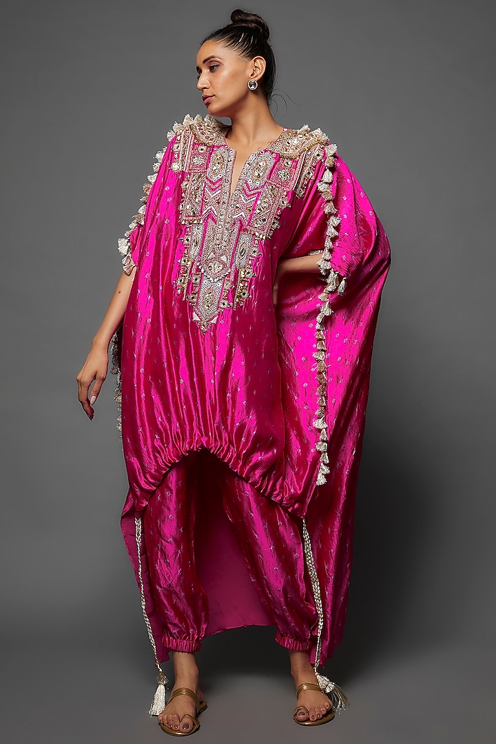 Pink Banarasi High-Low Embroidered Kaftan Set by Payal Singhal