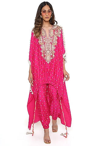 Pink Bandhani Silk Embroidered Kurta Set by Payal Singhal