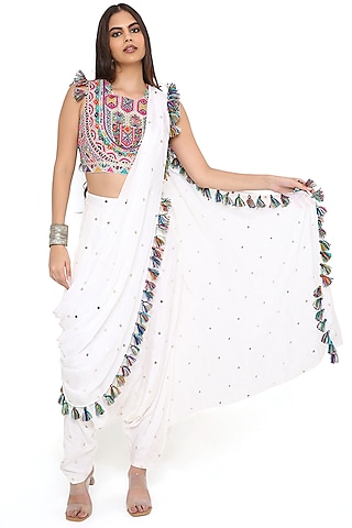 Off-White Mukaish Silk Draped Pant Saree Set by Payal Singhal
