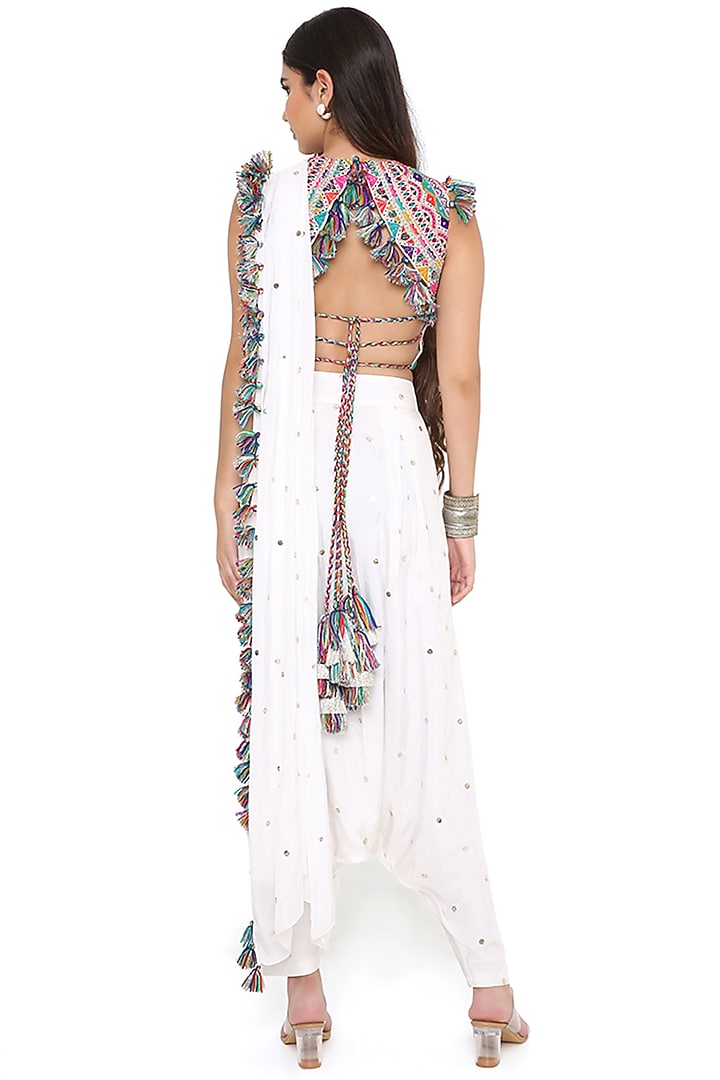 Off-White Mukaish Silk Draped Pant Wedding Saree Set by Payal Singhal at Pernia's Pop Up Shop