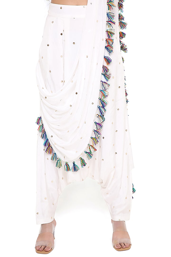 Off-White Mukaish Silk Draped Pant Wedding Saree Set by Payal Singhal at Pernia's Pop Up Shop