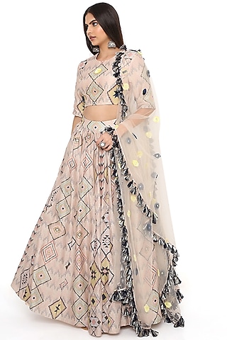 Blush Pink Silk Printed & Embroidered Lehenga Set by Payal Singhal