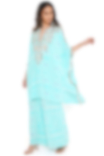 Aqua Crepe Printed & Embroidered Kaftan Set by Payal Singhal at Pernia's Pop Up Shop