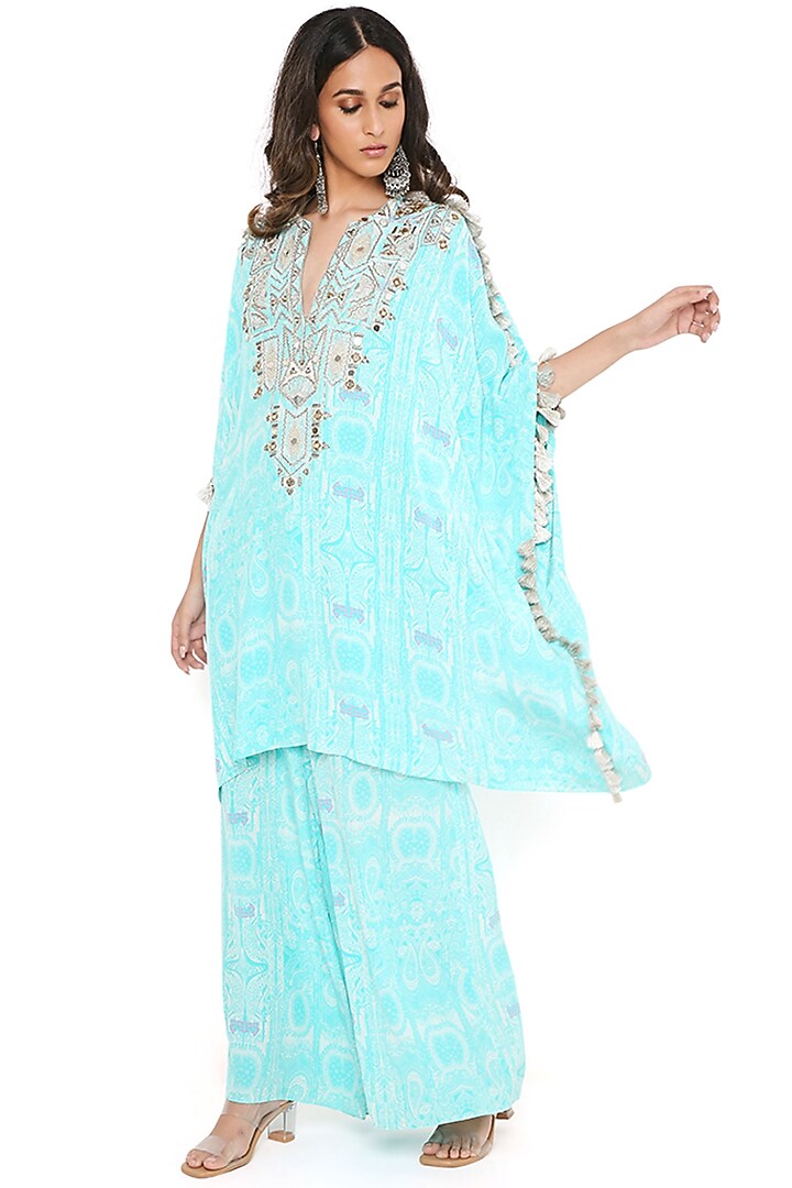 Aqua Crepe Printed & Embroidered Kaftan Set by Payal Singhal at Pernia's Pop Up Shop