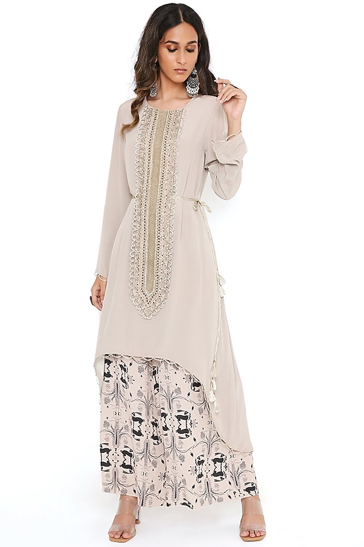 Beige Crepe Embroidered Kurta Set by Payal Singhal