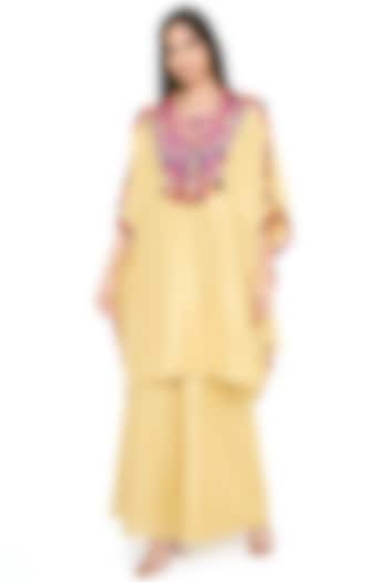 Pale Yellow Brocade Georgette Embroidered Kaftan Set by Payal Singhal at Pernia's Pop Up Shop