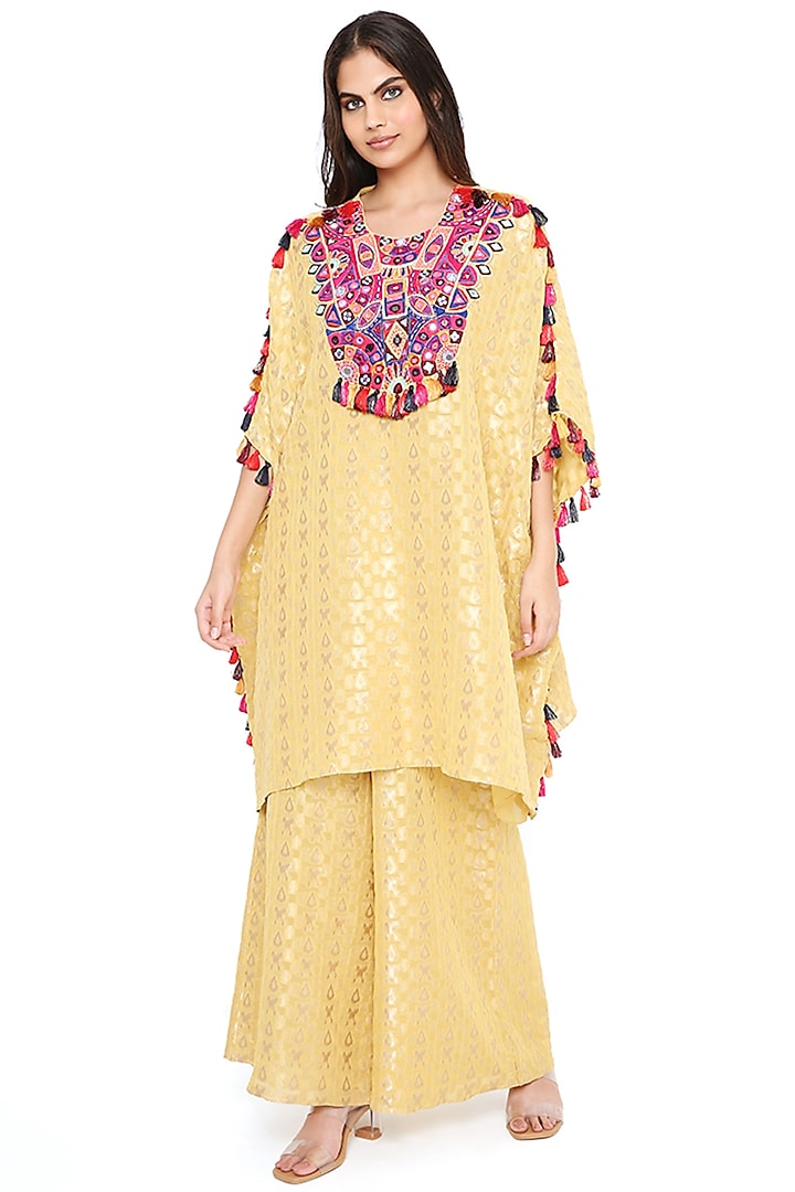 Pale Yellow Brocade Georgette Embroidered Kaftan Set by Payal Singhal at Pernia's Pop Up Shop