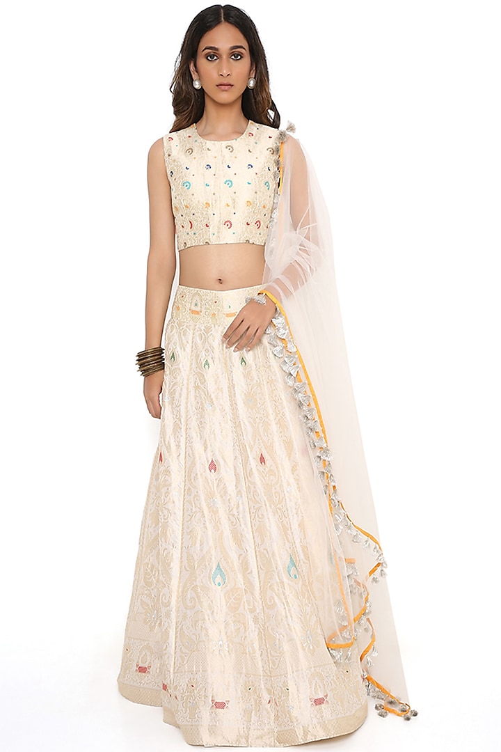 Cream Banarasi Silk Lehenga Set by Payal Singhal