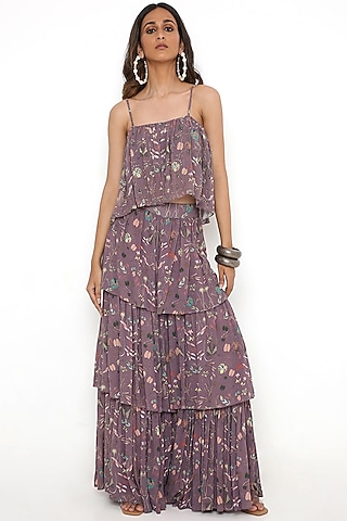 Eggplant Colored Georgette Printed Sharara Set by Payal Singhal