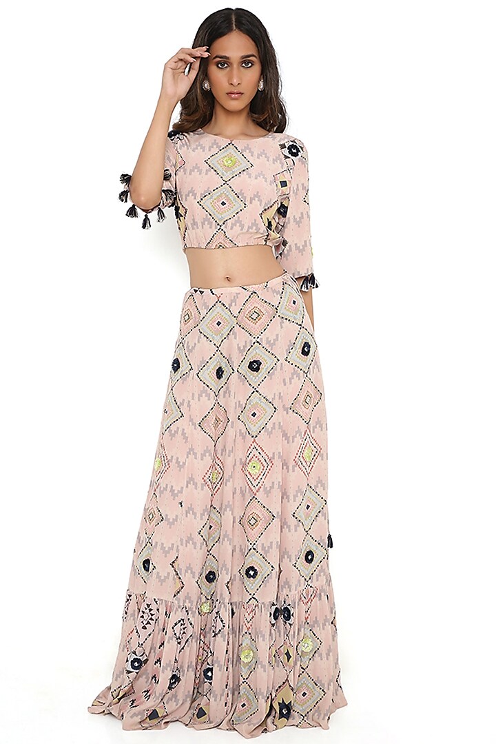 Blush Pink Crepe Printed Skirt Set by Payal Singhal