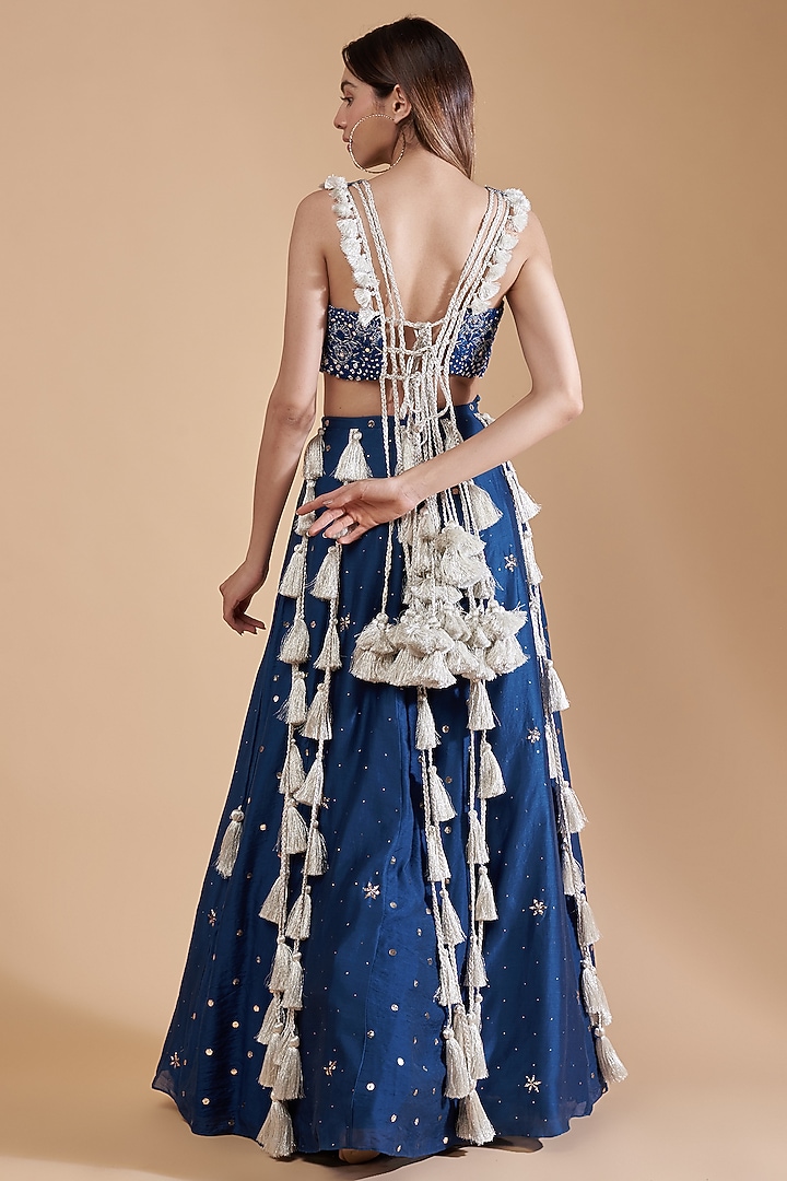 Teal Mukaish Silkmul Tasseled Wedding Lehenga Set by Payal Singhal at Pernia's Pop Up Shop