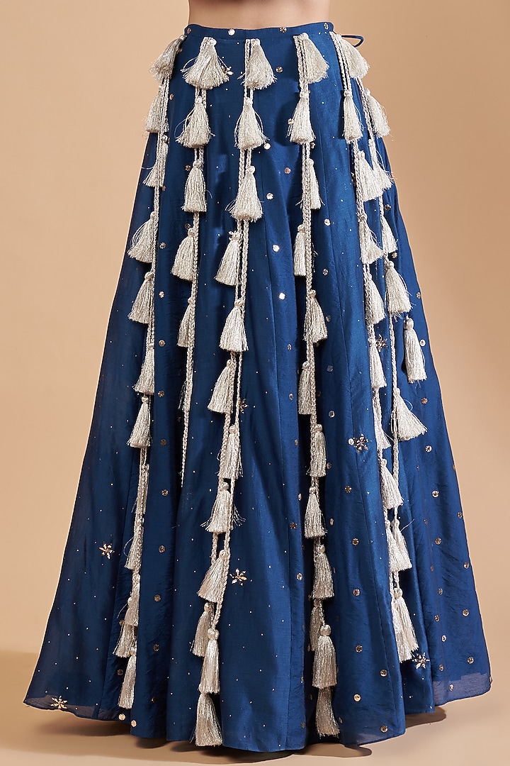 Teal Mukaish Silkmul Tasseled Wedding Lehenga Set by Payal Singhal at Pernia's Pop Up Shop