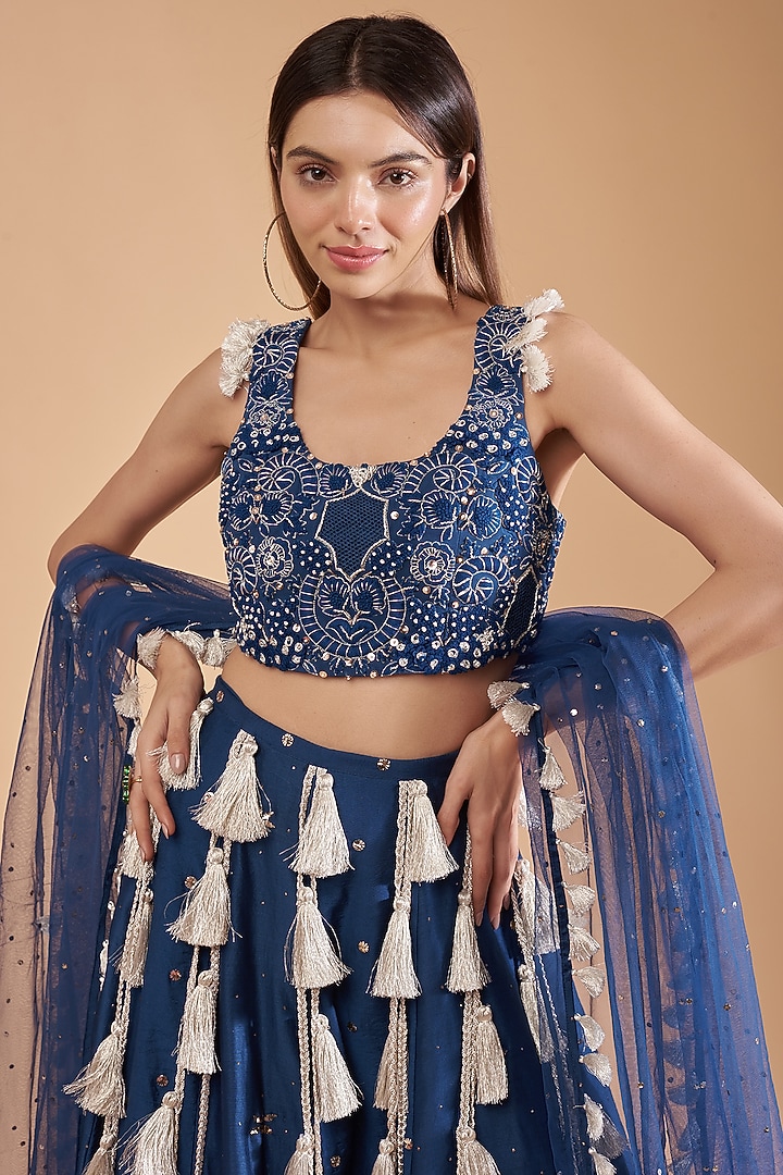 Teal Mukaish Silkmul Tasseled Wedding Lehenga Set by Payal Singhal at Pernia's Pop Up Shop