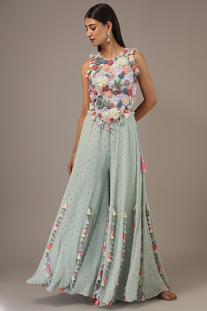 Seafoam Mukaish Georgette Sharara Set by Payal Singhal at Pernia's Pop Up Shop